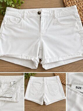 Women’s White Denim Shorts Size Large L Stretch Frayed Hem Cutoff Jean Shorts